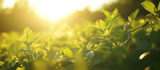 Obraz premium Sunset illuminates lush green foliage in a field, ideal for nature or wellness themes