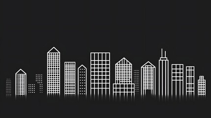 Minimalist Geometric Urban Cityscape with Architectural Silhouettes Against Dark Background