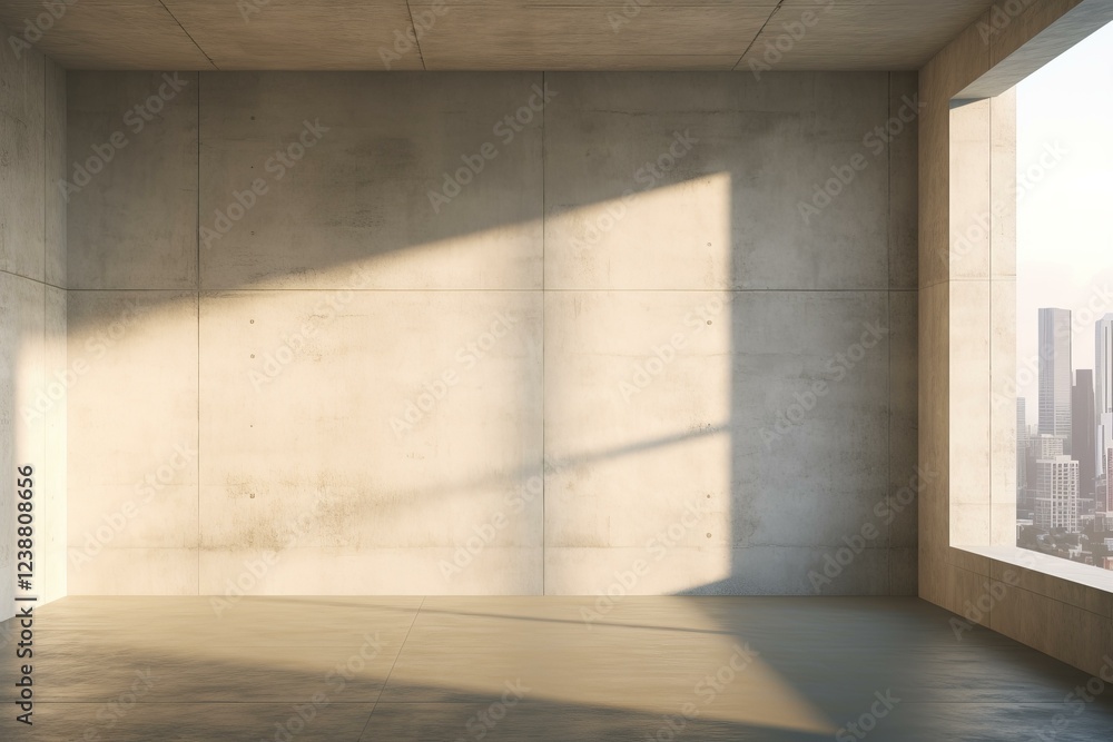 Poster sunlight illuminating empty room with concrete walls and floor and a large window overlooking a city