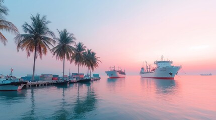 Obraz premium Tropical Port at Dusk, vibrant sunset illuminating a lively dock, palm trees swaying gently, freight ships poised for departure, serene atmosphere, inviting tropical vibes