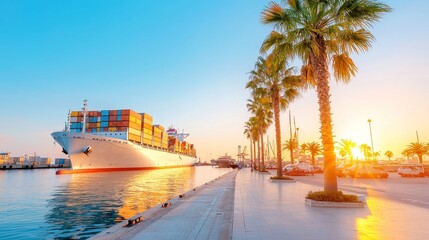 Tropical Port Sunset, vibrant palm trees framing a lively dock, freight ships poised for departure, warm hues of sunset reflecting on calm waters, inviting atmosphere