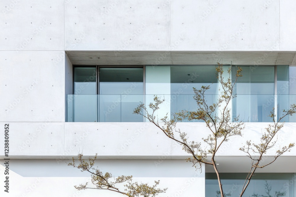 Poster a simple white building with a tree standing in front of it