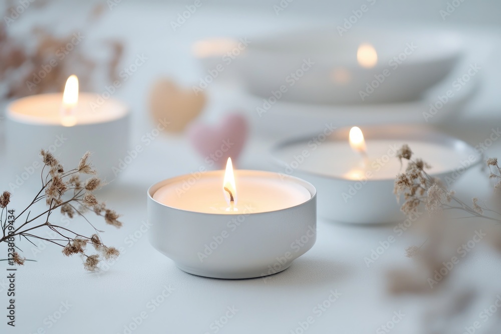 Poster a collection of white candles placed on a table, suitable for use in various settings such as events