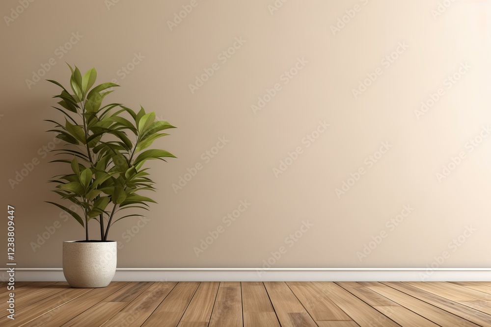 Poster potted plant adding a touch of nature to a minimalist interior design with wooden floor and empty wa