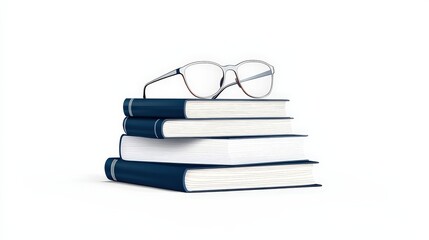 Stack of Books with Glasses on Top against a Clean White Background for Academic Themes