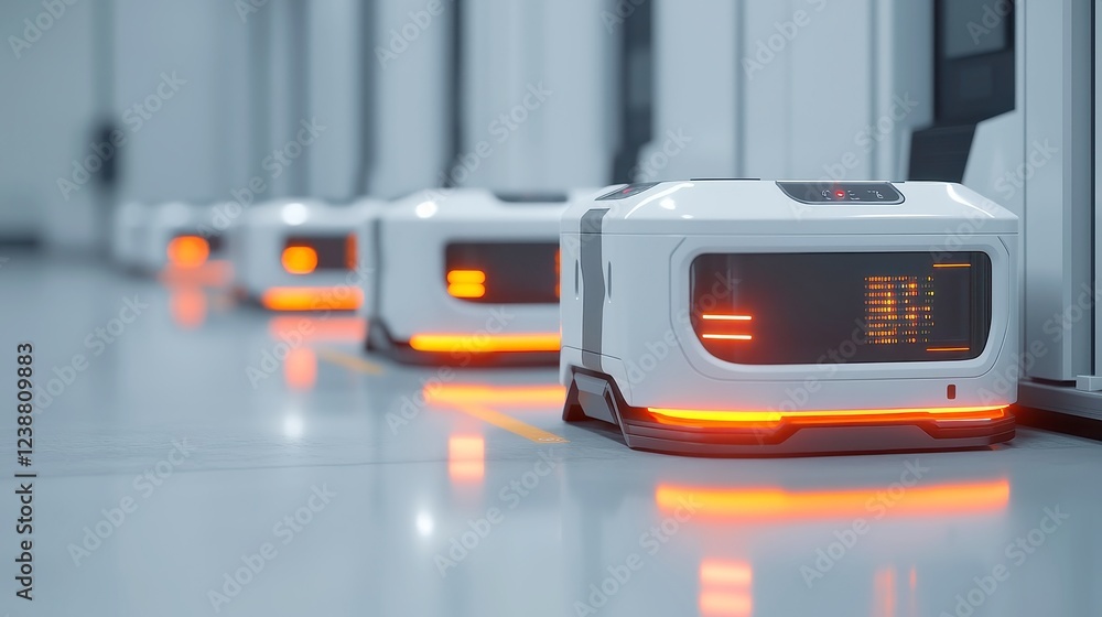 Poster automated sorting robots in warehouse, advanced technology efficiently categorizing parcels, illumin