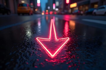 A reflection of a neon arrow on a wet city street after rain.