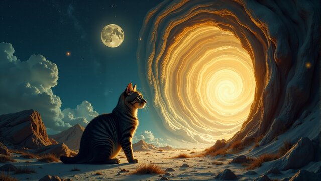 Curious cat gazes into a mystical portal illuminated by warm sunlight