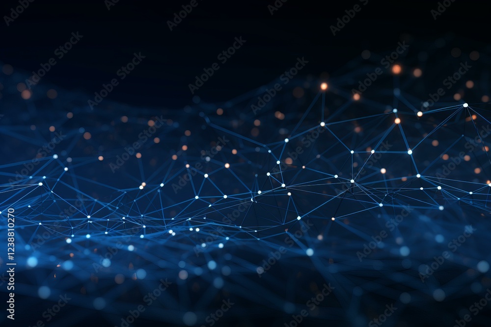Poster Glowing plexus connecting dots and lines forming abstract technology background representing internet connections, cloud computing, or blockchain technology