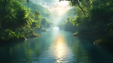 Obraz premium Lush jungle river sunrise, misty valley, travel brochure