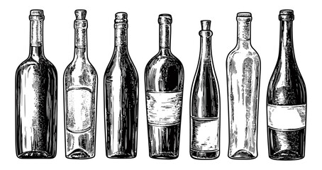 Vine Bottles Set Engraving Illustration On White Background Unique Artwork Vintage Design Creative Illustrations Distinctive Bottle Icons Decorative Elements Rustic Style Artistic