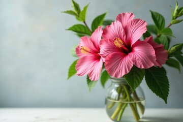 Pink hibiscus flowers in a vase with fresh greenery, decorative, nature