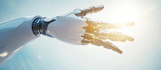 Robotic arm reaching, sunlit sky background, AI tech concept
