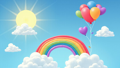 Cloud with rainbow under a bright sun and colorful balloons floating in a cheerful sky