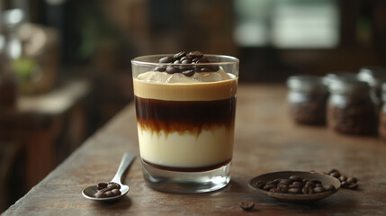 Layered Iced Coffee in Modern Style with Rich Colors Representing Calm Coffee Shop Ambiance

