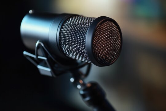 Close-up shot of a microphone on its stand, ideal for use in presentations, recordings or as an illustration