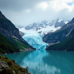 Obraz premium Serene glacier nestled among towering alpine mountains under grey cloudy sky, big, glaciers, serene