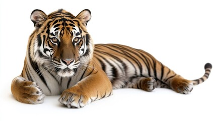 Fototapeta premium A tiger relaxing on a clean white surface