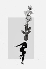Vertical collage image of little black white effect girl dancing growing rose flowers instead head...
