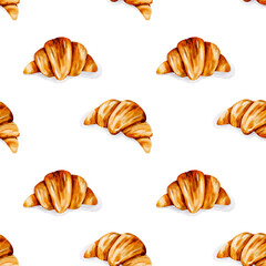Seamless Watercolor Croissant Pattern, Flaky French Pastry Design for Bakery, Textile, and Decorative Background