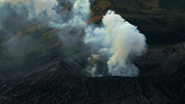 From a King Kong viewpoint at sunrise. Outdoor view of mount Bromo, East Java, Bromo Tengger Semeru National Park, Indonesia.