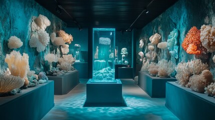 A captivating coral reef exhibit features an array of colorful and diverse coral species illuminated by soft lighting, creating a serene underwater experience for visitors