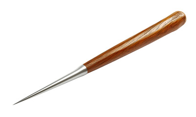 Closeup of a wooden and metal awl with a pointed tip used for leather craft and other DIY projects.  The sharp pointed metal end is perfectly suited for piercing holes, marking leather.