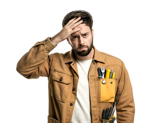 Worried handyman with tools in his pocket scratching his head with an anxious expression looking frustrated or confused against an isolated background.