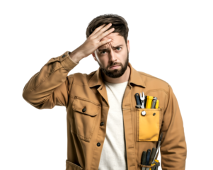 Worried handyman with tools in his pocket scratching his head with an anxious expression looking frustrated or confused against an isolated background.