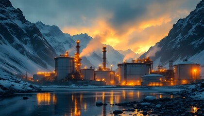 Fototapeta premium Mountain industrial complex at dusk