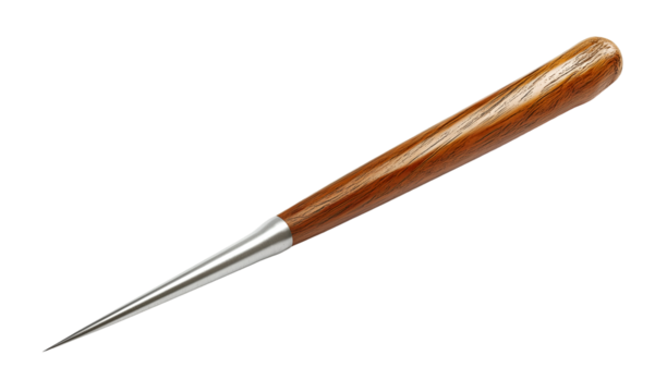 Closeup of a wooden and metal awl with a pointed tip used for leather craft and other DIY projects.  The sharp pointed metal end is perfectly suited for piercing holes, marking leather.