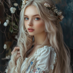 Fototapeta premium Captivating portrait of a young woman with flowing hair and floral accessories in a serene setting