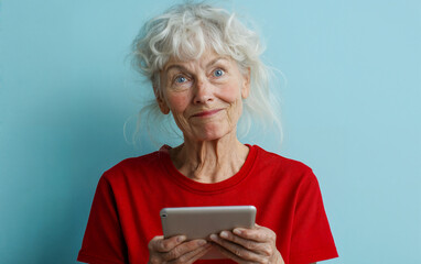 Happy Elderly Woman with White Hair Holding Tablet