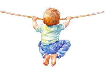 Adorable watercolor painting of a baby hanging on a rope against a black background Perfect for nursery decor or children's book illustration