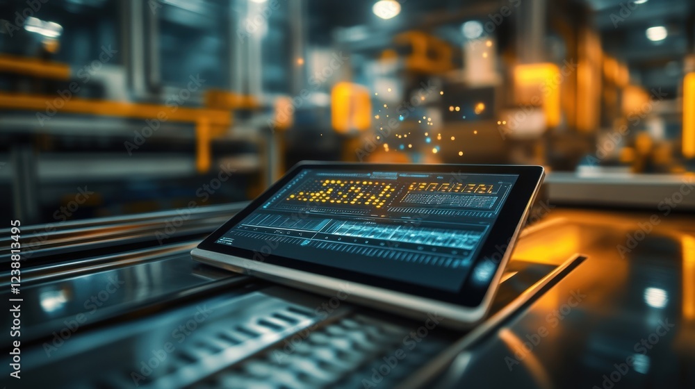 Poster digital tablet displaying production data and kpis resting on a metal surface in a smart factory, hi