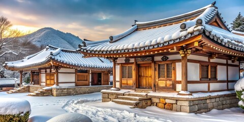 Obraz premium Traditional Korean house in a snow-covered Hanok Village, rural landscape, korean, rural landscape,korean,village