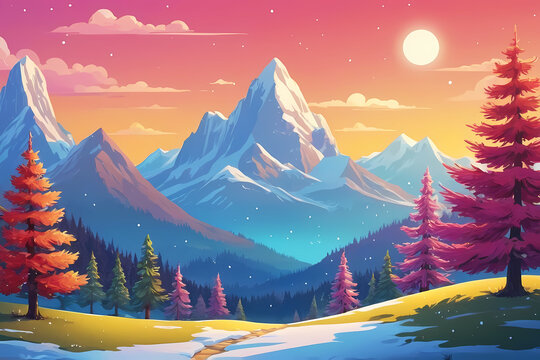 Snow-Capped Mountains Illustration at Sunset - Vibrant Autumn Landscape with Colorful Trees and Serene Evening Sky