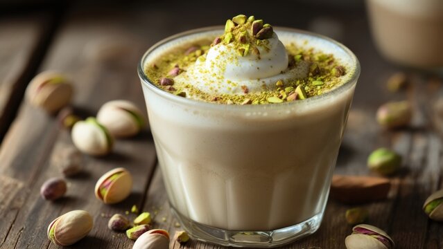Delicious pistachio latte served in a glass with cream on top and nuts around