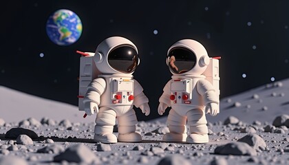 Obraz premium Adorable Astronauts on the Moon Near Earth