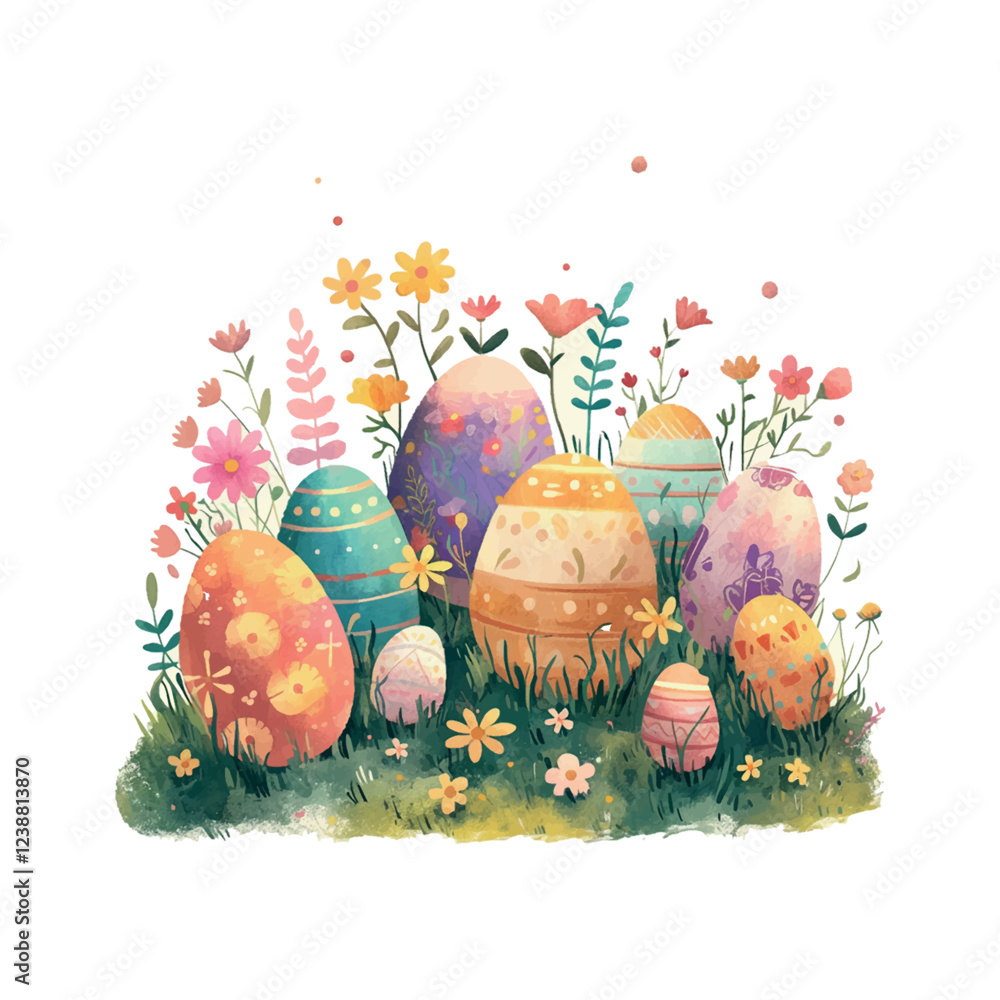 Poster a colorful bunch of easter eggs are surrounded by flowers and grass. the eggs are of different color