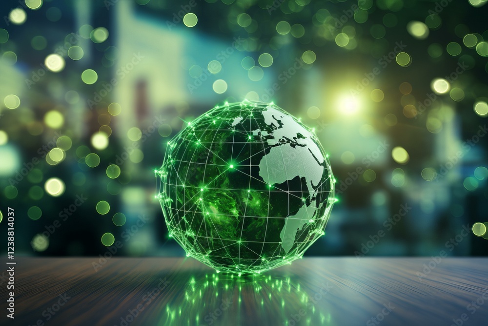Poster green globe rotating with futuristic connections hovering on wooden table with blurred bokeh backgro