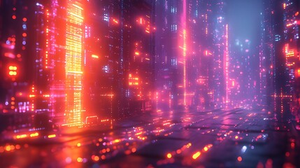 Fototapeta premium Cyberpunk city street, neon lights, digital rain, futuristic alley, background data stream, game background