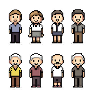 Eight diverse pixel art characters adult men and women Perfect for game development websites or illustrations