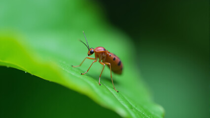 Naklejka premium Colorful insect exploring a vibrant green leaf in nature's serene environment