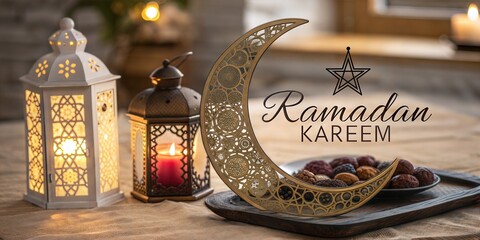 Elegant Ramadan Lantern and Crescent Moon with Ramadan Kareem Calligraphy