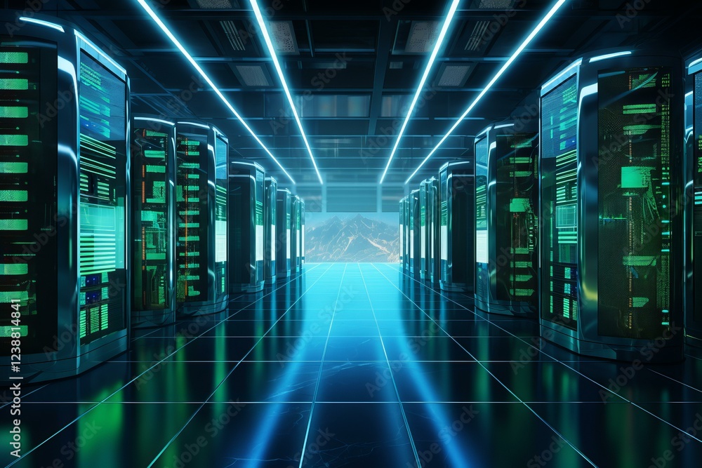 Poster data center with futuristic green lights and mountain view hosting big data storage
