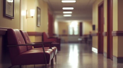 Hospital hallway waiting chairs, calm atmosphere, sunlight