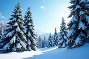 Tall evergreen trees with snow-covered branches and a clear blue sky, icy woods, frosty atmosphere