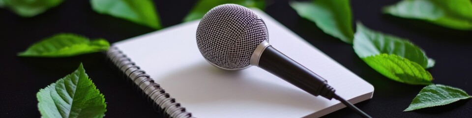 Obraz premium A microphone sits on top of a notebook