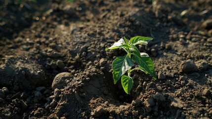 A small plant growing through the soil with sunlight.